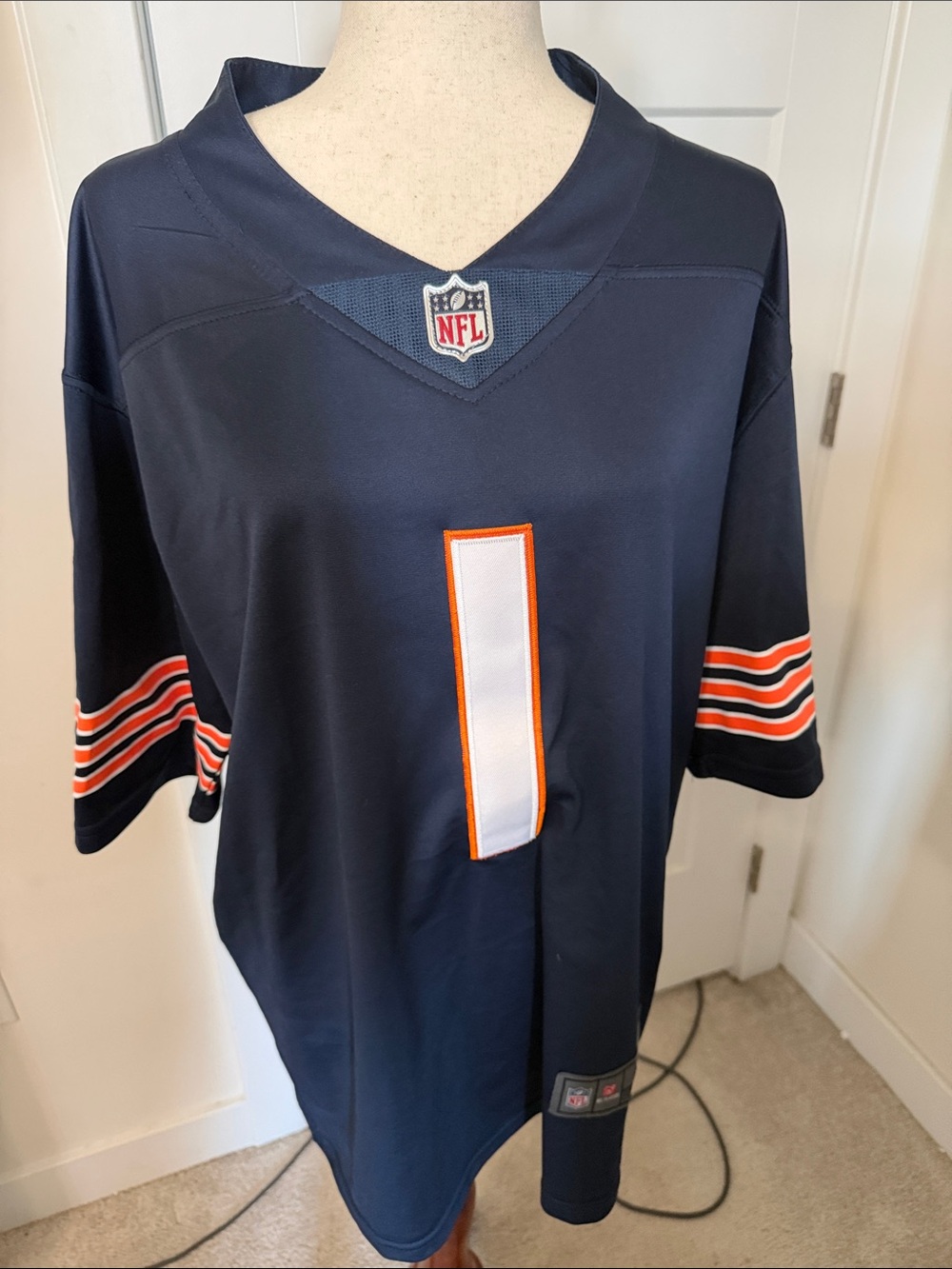 Nike Men's Navy Blue Football Jersey with White and Orange Accents